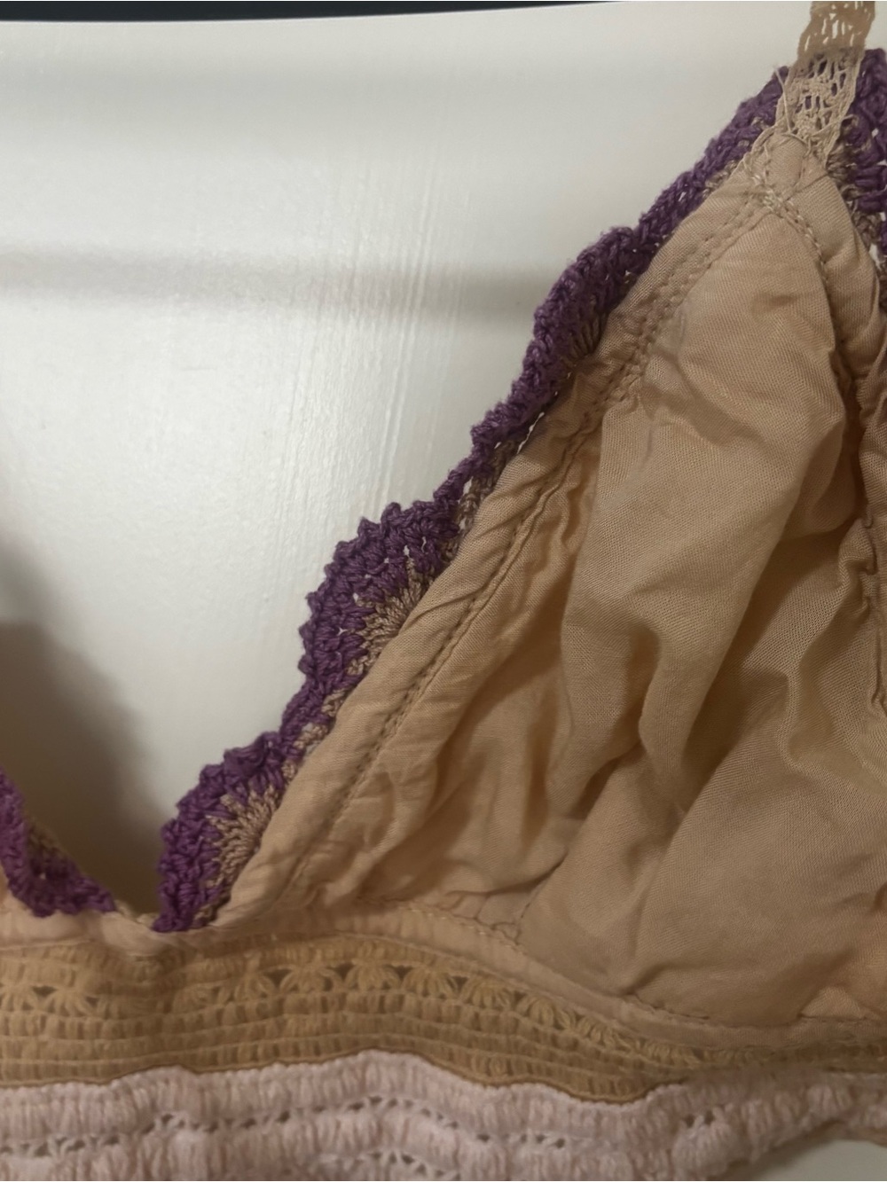 Crochet Lace-Trim Camisole Bralette in Cream and Purple - Picture 9 of 10